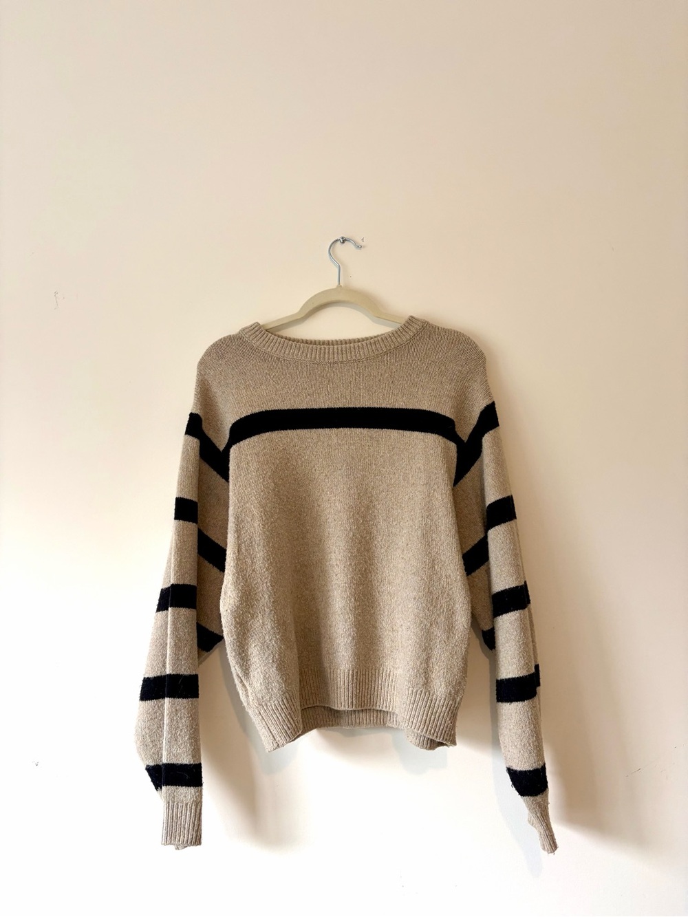 Mango Beige Crewneck Sweater with Black Stripes